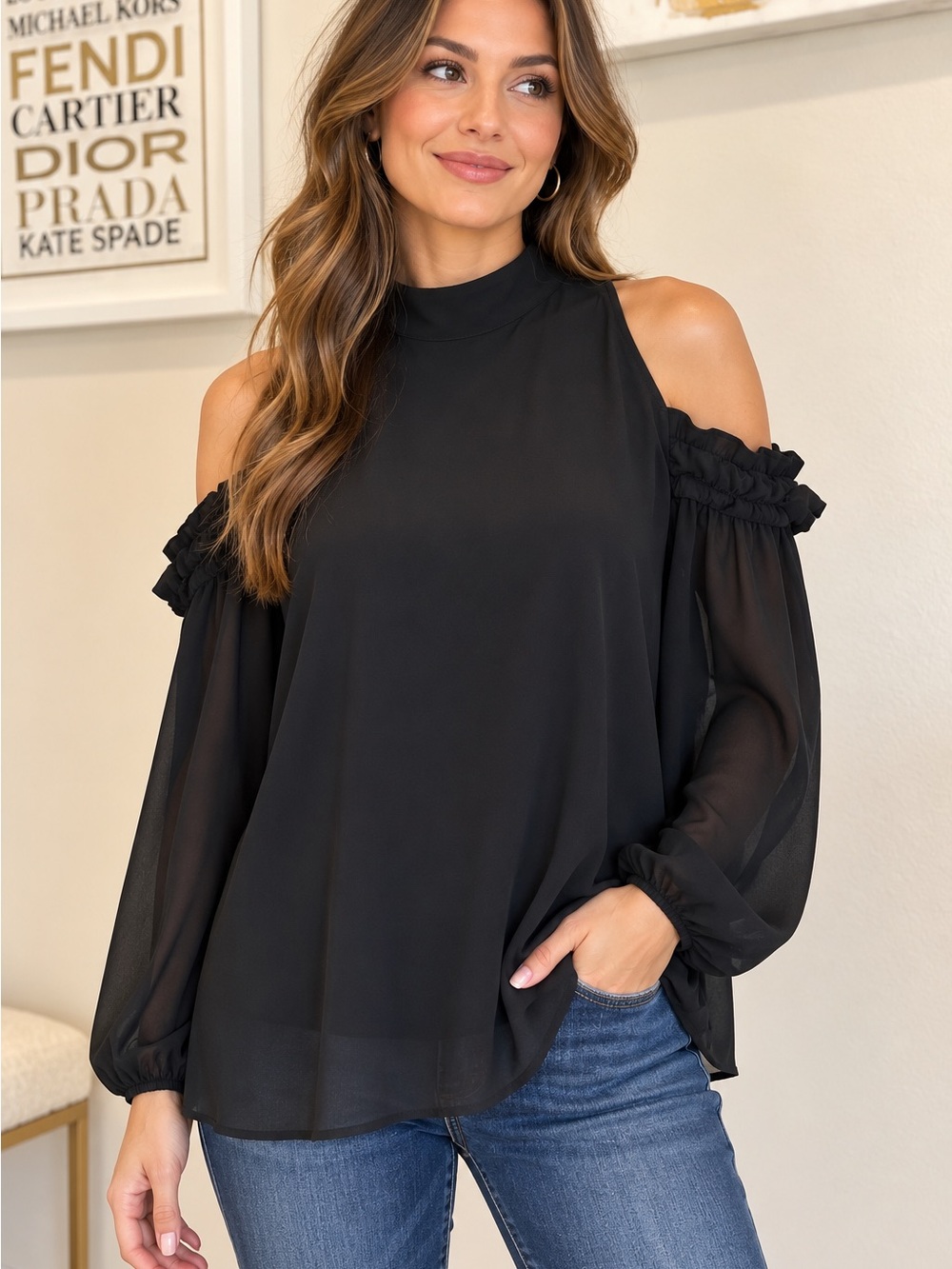 Trouvé Black Cold Shoulder Ruffle Sleeve Blouse Size M